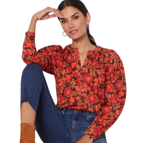 Sundry Tops - Sundry Anthropologie Floral Button Down Puff Sleeve Blouse Brown Red Size 1 (S)